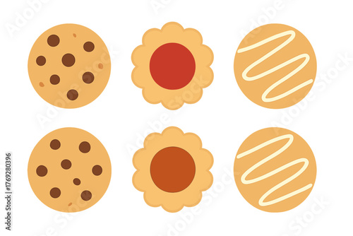 Assortment of delicious sweet baked goods featuring chocolate chip, jam filled, and iced cookies