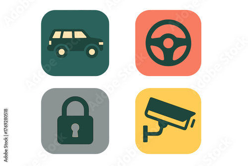 Essential icons for vehicle security and protection featuring car, steering wheel, lock, and surveillance