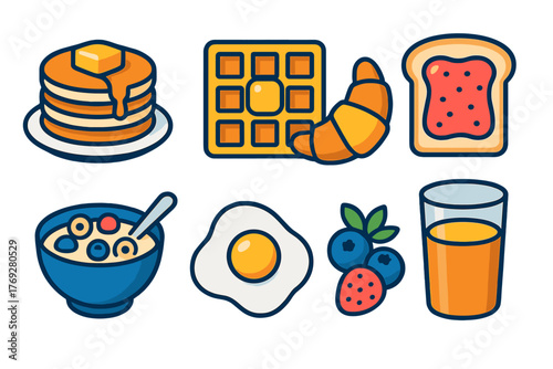 Collection of popular breakfast foods including pancakes, fried egg, toast, and berries