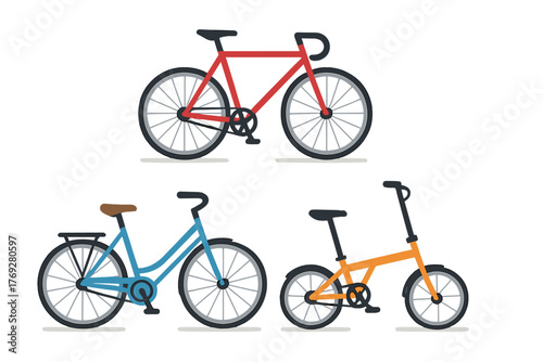 Stylized collection of three bicycles including racing, commuter, and folding models