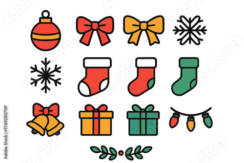 Vibrant set of festive Christmas and winter holiday symbols including ornaments, bows, stockings, and gifts