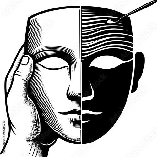 Unveiling the Layers of the Mind: A symbolic depiction of the human psyche is shown with two masks representing duality, alongside a tool to peel back the layers of the conscious and the subconscious.