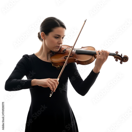 A young woman in a black dress plays the violin with focused intensity, isolated on a stark black background