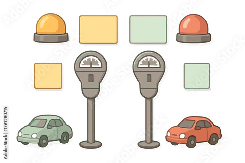 Urban traffic and parking elements including meters, small cars, warning lights, and blank signs
