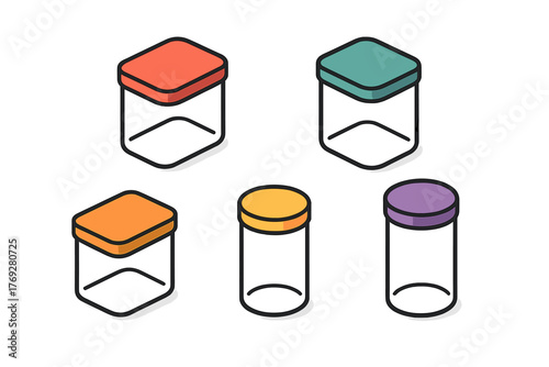 Five empty transparent containers with colorful lids in isometric and cylindrical shapes