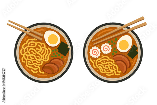 Traditional Japanese ramen noodle soup bowls set with various toppings and chopsticks