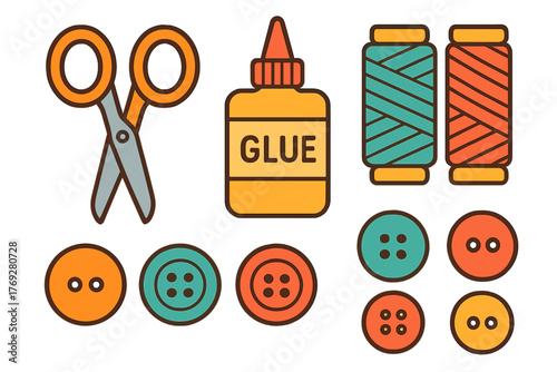 Collection of colorful sewing and crafting supplies including scissors, glue bottle, thread spools, and various buttons