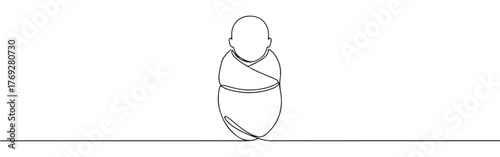 continuous single-line drawing of a swaddled newborn baby, symbolizing new life, innocence, and care on a pristine white background.