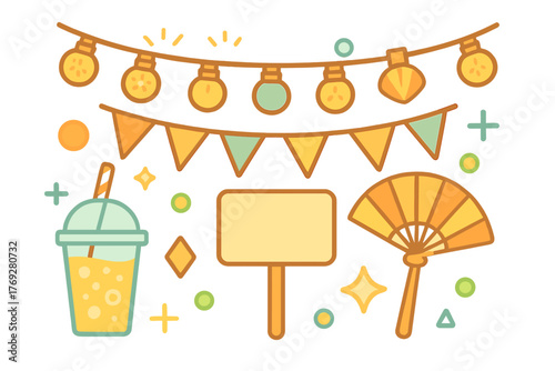 Decorative elements for summer festivals including string lights, pennant flags, cold drink, and handheld fan
