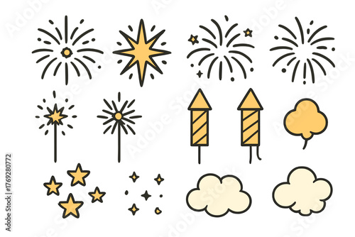 Exploding fireworks, rockets, sparklers, and shining stars for festive celebration