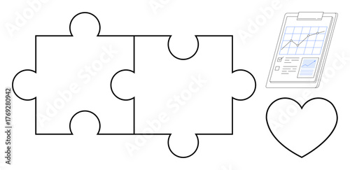 Interlocked puzzle pieces, a clipboard with data charts, and a heart symbol. Ideal for teamwork, strategy, organization, analysis, relationships, problem-solving and cohesion simple flat metaphor