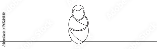 continuous single-line drawing of a swaddled newborn baby, symbolizing new life, innocence, and care on a pristine white background.