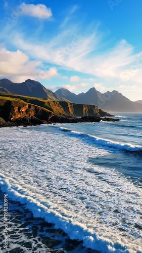 Coastal scene with ocean waves rolling towards rocky cliffs under blue sky