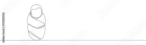 continuous single-line drawing of a swaddled newborn baby, symbolizing new life, innocence, and care on a pristine white background.