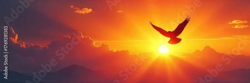 A soaring bird silhouetted against a vibrant sunset, representing limitless imagination and the freedom of the open sky , freedom, adventure, spirit