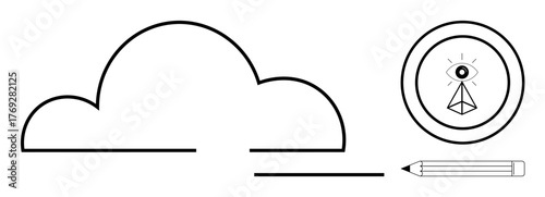 Cloud outline, triangular eye symbol, and pencil emphasizing technology, creativity, vision, data, strategy, education and foresight. Ideal for innovation tech and design simple flat metaphor