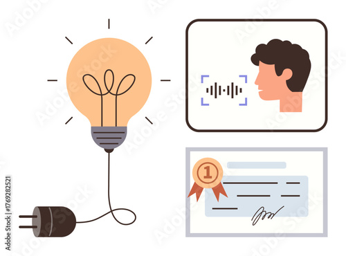 Light bulb with plug, voice input icon, and certificate symbolizing innovation, technology, recognition. Ideal for creativity, technology, education AI recognition innovation achievement. Simple
