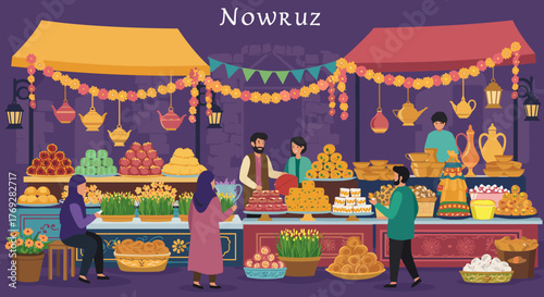 Celebrating nowruz: vibrant market scene with festive decorations and traditional items