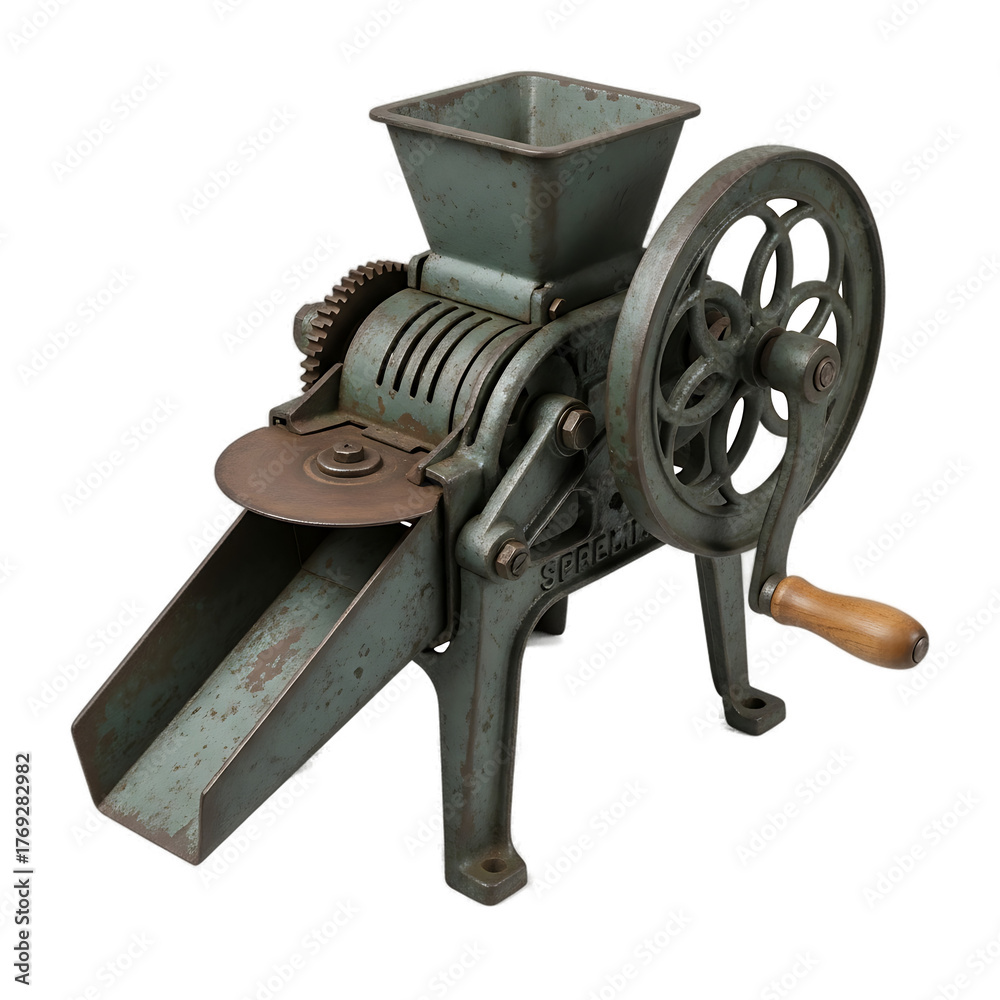 Obraz premium An antique, metallic machine, likely for processing grains or seeds. Its aged surface and hand-crank suggest vintage use and mechanical function