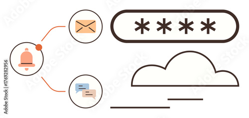 Bell notification, email, chat bubbles, password entry with asterisks, and a cloud symbol. Ideal for security, messaging, technology cloud computing alerts encryption collaboration. Simple flat