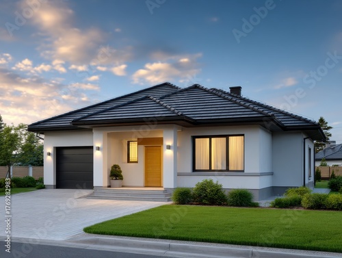 Wallpaper Mural Modern one-story house with a sleek design, featuring a stylish entrance, large windows, and a well-maintained lawn, showcasing contemporary residential architecture and inviting ambiance Torontodigital.ca