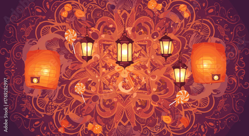 Festive lanterns and swirls with lollipops on an intricate mandala background