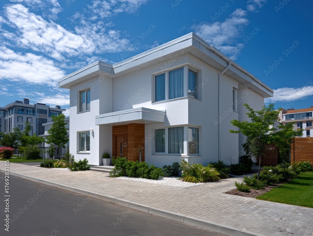 Fototapeta premium Modern suburban home with sleek architecture, surrounded by greenery and a well-maintained pathway, showcasing contemporary design in a peaceful neighborhood setting