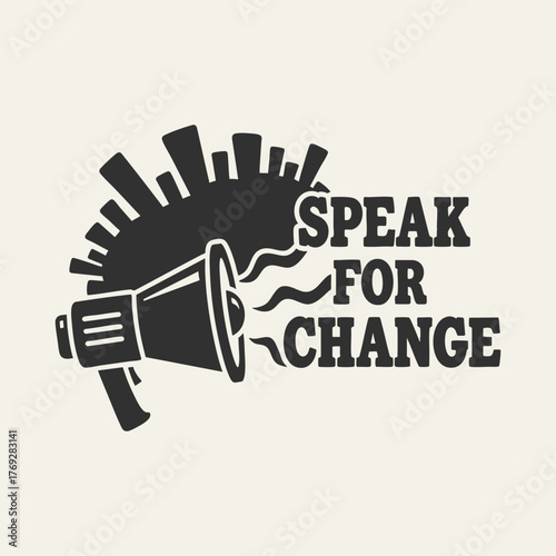 Speak for Change Megaphone and Cityscape Graphic.