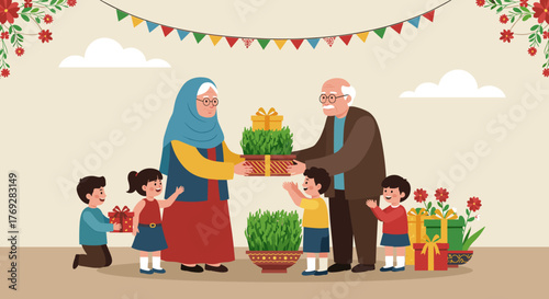 Elderly couple celebrating with grandchildren and gifts during festive gathering