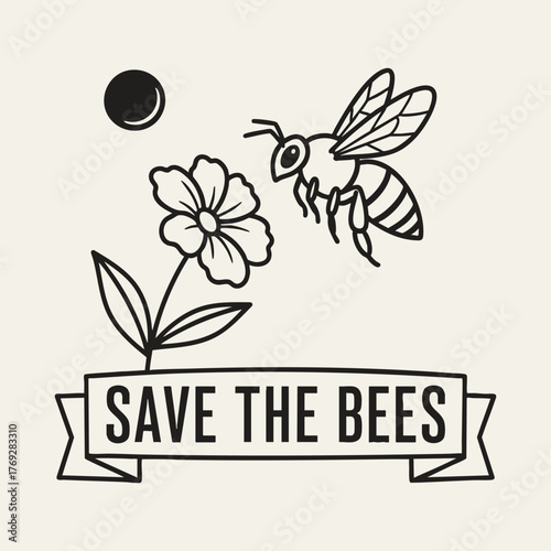 Save the Bees Illustration Depicting a Bee Flower and Sun.