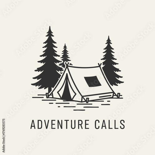 Camping adventure illustration with tent and trees evokes outdoor exploration and travel.