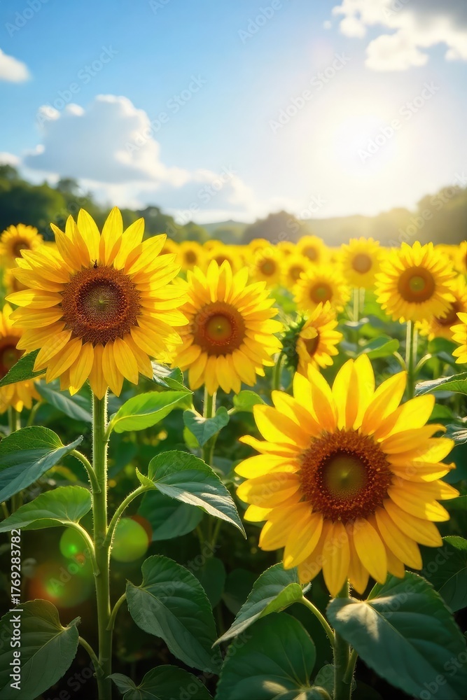 Fototapeta premium A vibrant field of towering sunflowers basking in the summer sun, their golden faces turned towards the light Perfect for summer, nature, and agriculture themes , crop, happy, organic