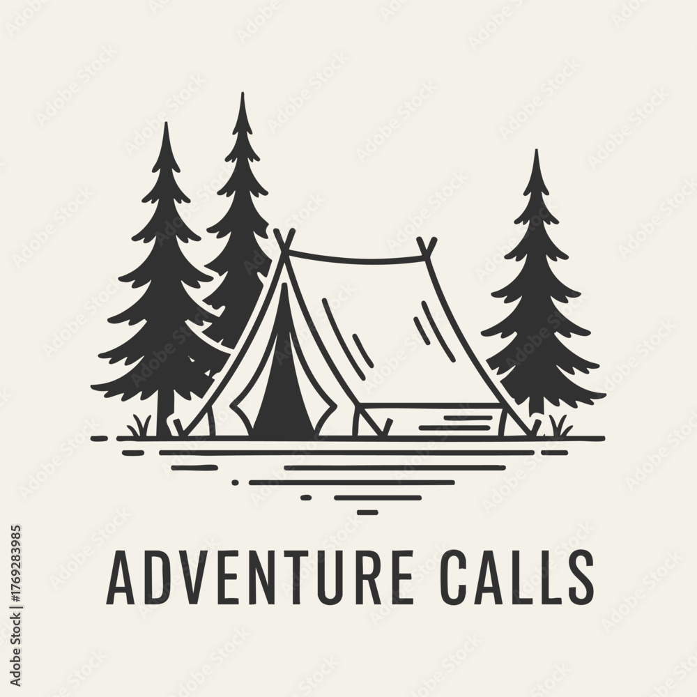 Obraz premium Adventure Calls Camping Tent and Pine Trees Line Art.