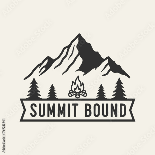 Summit Bound Adventure Logo with Mountain Trees and Campfire.