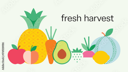 Fresh Harvest Assortment of Fruits and Vegetables with Text pineapple apple