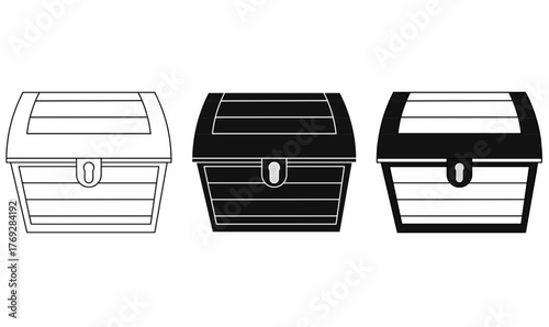 treasure chest icon in outline and silhouette, showing closed wooden box with lock.for game design, or finance concept graphics.isolated white background.