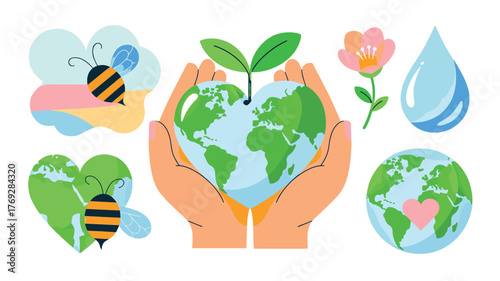 Hands holding heart shaped earth with bees flowers and water drop globe