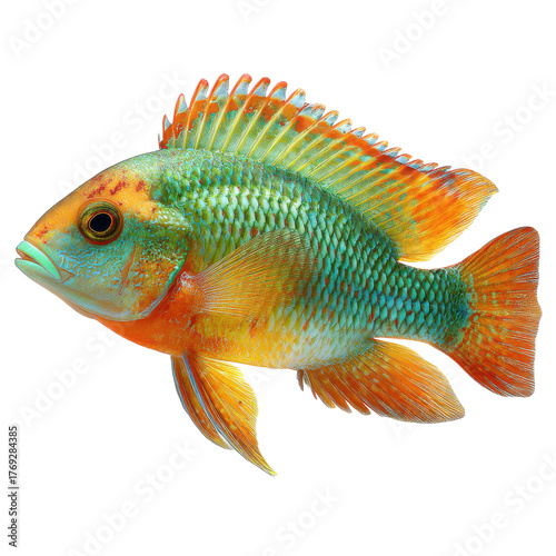 Tropical fish with orange fins png green scales png aquarium png marine png reef png ocean png sea life png colorful png underwater png wildlife png transparent background image