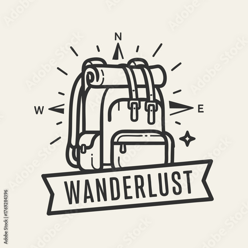 Wanderlust travel backpack line art emblem for adventure and hiking.