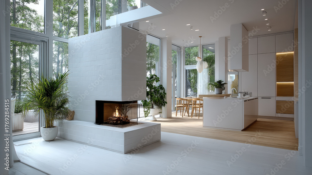 Naklejka premium Modern white living room with glass walls, central fireplace, indoor plants, open kitchen, and dining area, bright and cozy atmosphere