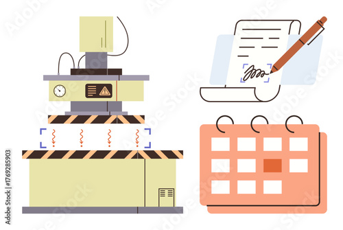 Vibrating machinery, signed contract on paper with pen, and calendar grid. Ideal for manufacturing, productivity, contracts, schedules, organization deadlines industrial processes. Simple flat
