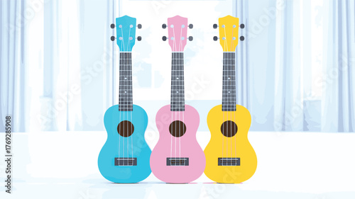 Three Colorful Ukuleles Lined Up on White Background vector digital
