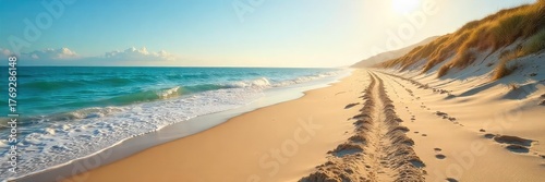 Sun-drenched sand, ocean waves lapping gently at the shore, tire tracks leading to the water's edge A tranquil beach scene with visible evidence of off-road vehicle activity , escape, coastal