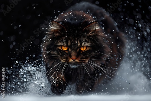 Majestic black Maine Coon cat with glowing amber eyes walking through snow storm, dramatic close-up portrait showing determination and wild nature in winter setting.