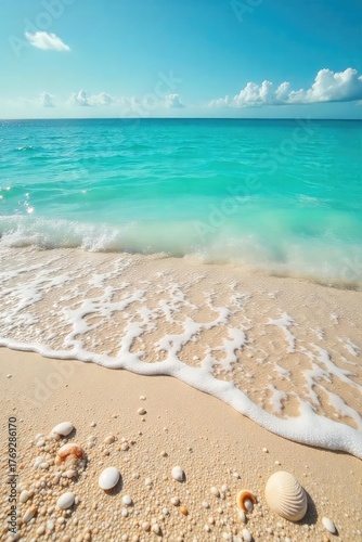 Sun-drenched sand, sparkling turquoise water lapping gently at the shore, seashells scattered across the beach Perfect summer escape!, serenity, relaxation, seashore