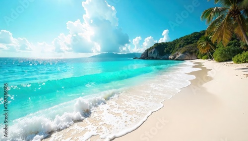 Sun-drenched turquoise ocean waves crash on a pristine white sand beach  The vibrant blue water sparkles under the bright summer sun, a perfect tropical paradise scene ,  sea,  scenery