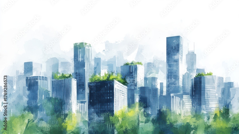 Obraz premium Cityscape featuring various buildings with rooftop gardens