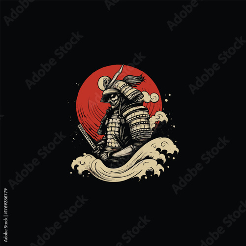 Gritty vintage illustration of a Samurai skeleton warrior wearing traditional armor, standing amidst stylized Japanese waves with a vibrant red sun background