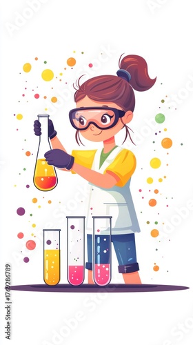 A young girl with brown hair in a ponytail wears safety goggles and gloves while conducting a science experiment with colorful liquids in test tubes.