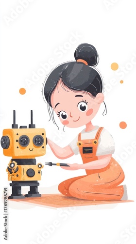A young girl with black hair in a ponytail wears orange overalls. She is assembling a small yellow robot with a happy face. The scene is playful and educational.